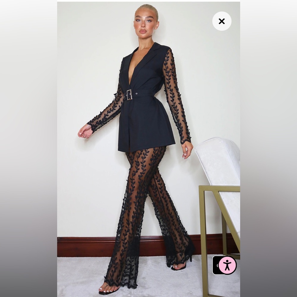 PrettyLittleThing Black Woven Sheer Lace Flared Pants